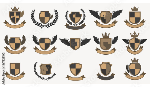 Vintage heraldry badge vector icon set with royal shields crowns and laurel wreaths