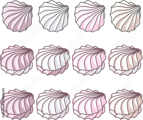 Set of different drawn cartoon meringues zephyrs pastries cupcakes snacks cream. Dessert. Sweets and candies. Vector illustration.