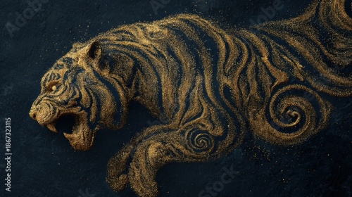 Golden Tiger's Roar: A majestic golden tiger in dynamic pose, emerges from artistic swirls, its gaze fierce and focused, hinting at its untamed power.