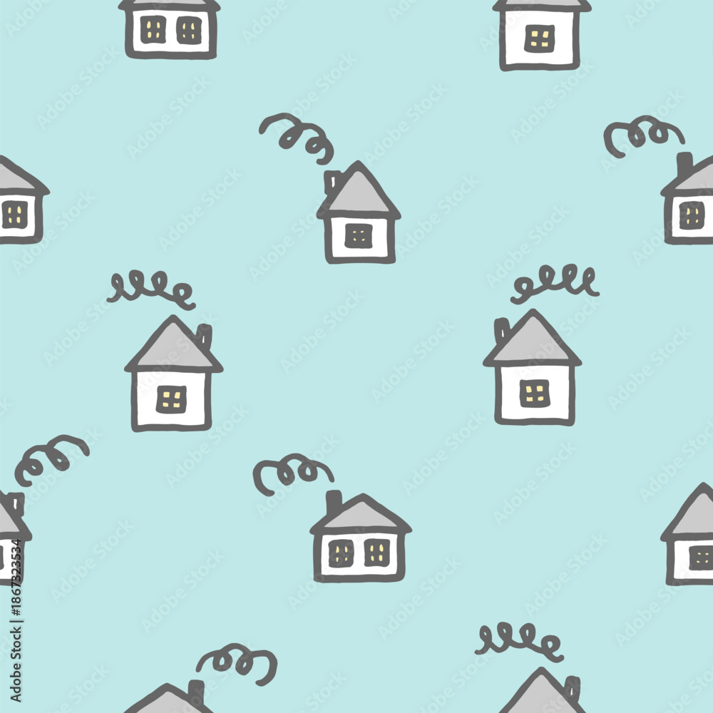 Fototapeta premium Vector seamless pattern with freehand drawn cartoon houses with windows chimney smoke made in kid childish style on light blue background. Village houses landscape.