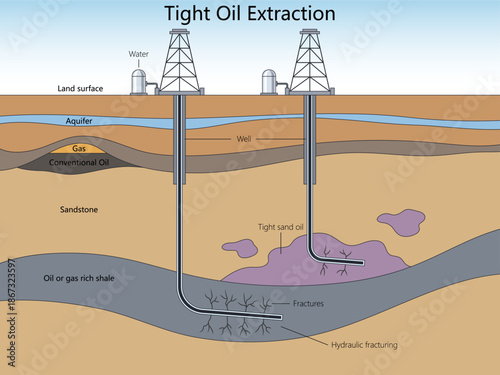 tight oil extraction process from shale rock using horizontal drilling and hydraulic fracturing techniques diagram hand drawn schematic vector. Science educational illustration