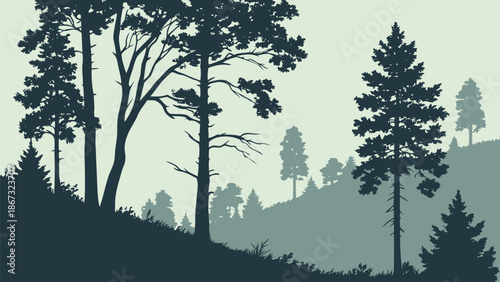 Tranquil vector illustration showcasing a serene forest landscape with tall silhouetted trees against a soft misty sky creating a peaceful and atmospheric natural scene