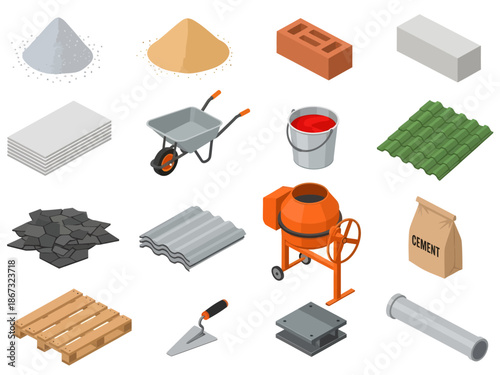 A comprehensive set of isometric construction icons features varied building materials like bricks and sand alongside tools such as a wheelbarrow and orange cement mixer