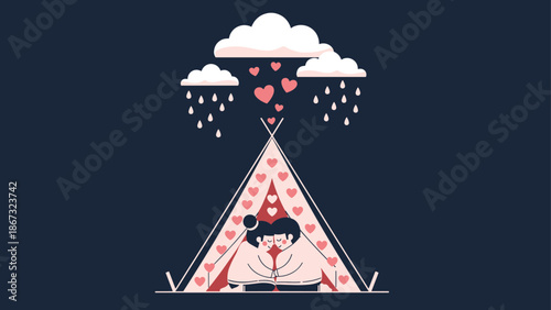Romantic couple sitting in a tent decorated with hearts under a rainy sky with heart-shaped raindrops and clouds.