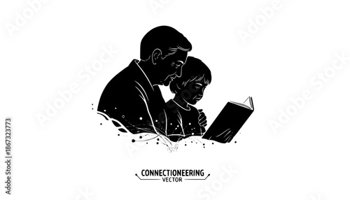 Intergenerational Connection: Senior and Child Reading Together Silhouette - Connectioneering Vector