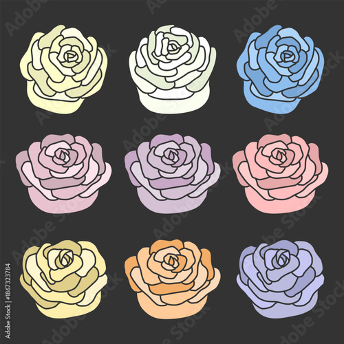 Set of different cartoon buds of roses of different colors on dark background. Flowers. Floral elements. Vector illustration.