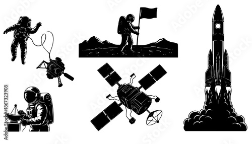 Black and white space exploration silhouettes of astronauts floating, planting flags, operating satellite, and a rocket launching in space
