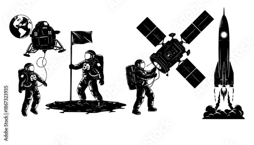 Black and white space exploration silhouettes of astronauts floating, planting flags, operating satellite, and a rocket launching in space

