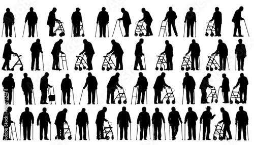 Group of elderly senior people with walking aids silhouette set large collection.
