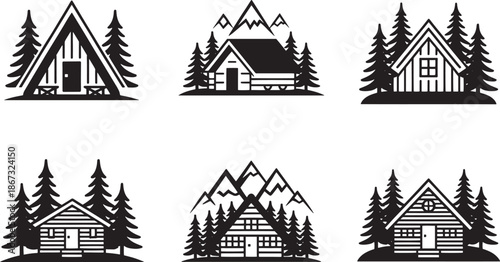 Wilderness resort and mountain lodge silhouettes  set for outdoor lifestyle and eco-tourism promotion vector illustration