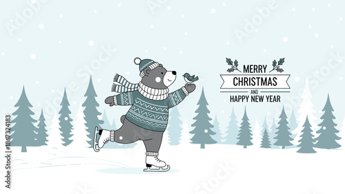 Merry Christmas and Happy New Year festive card showing a polar bear ice skating in a snowy winter forest with a bird.