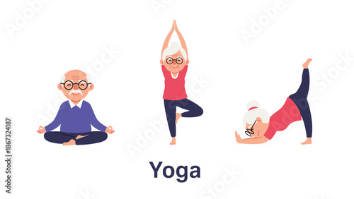 Senior people practicing different yoga poses like meditation, tree pose, and downward dog for health and wellness.