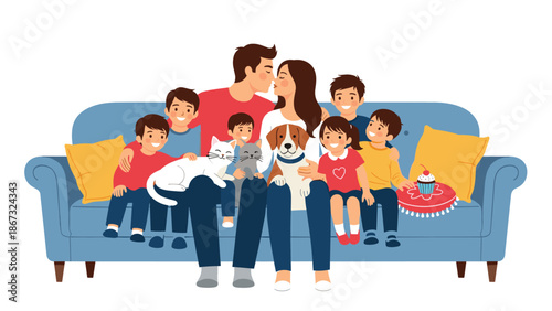 Large happy family with many children sitting together on a blue sofa with their pet dog, cats, and a plate of cupcakes.