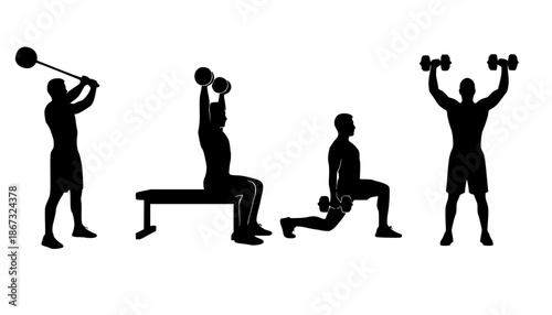 Four exercise silhouettes — kettlebell swing, seated dumbbell shoulder press, lunge with dumbbell, standing dumbbell shoulder press, fitness training illustration set