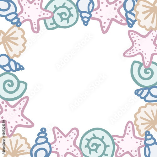 Different freehand drawn cartoon sea ocean starfish river shells of different shapes and colors made in kid childish style. Marine oceanic water objects. Decorative frame. Vector illustration.