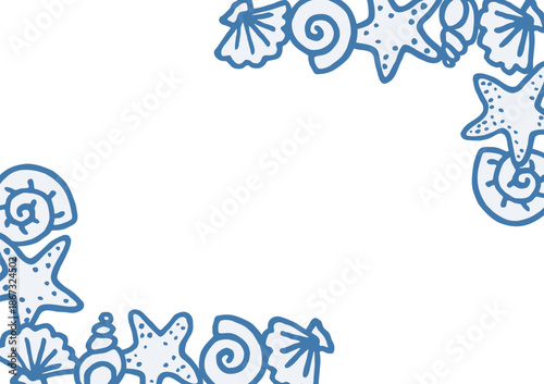 Different freehand drawn cartoon sea ocean starfishes river shells of different shapes in blue colors made in kid childish style. Marine oceanic water objects. Decorative frame. Vector illustration.
