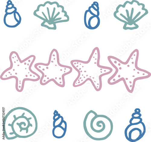 Set of different cartoon sea ocean starfishes river shells of different shapes made in kid childish style. Marine oceanic water objects. Vector illustration.