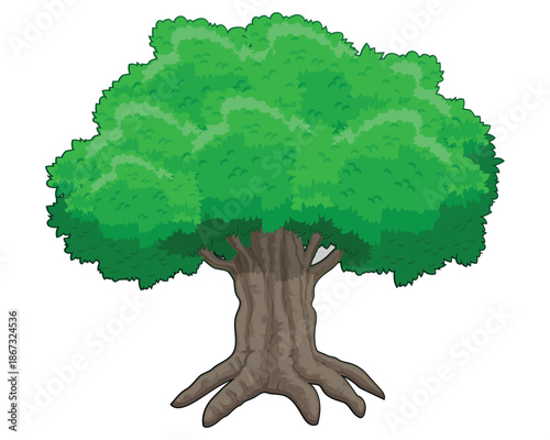 vector design of a large tree with dense, green leaves and large roots similar to trees in fairy tales