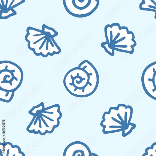 Freehand drawn cartoon sea ocean river shells of different shapes in kid childish style on light blue background. Marine oceanic water pattern. Vector seamless pattern.