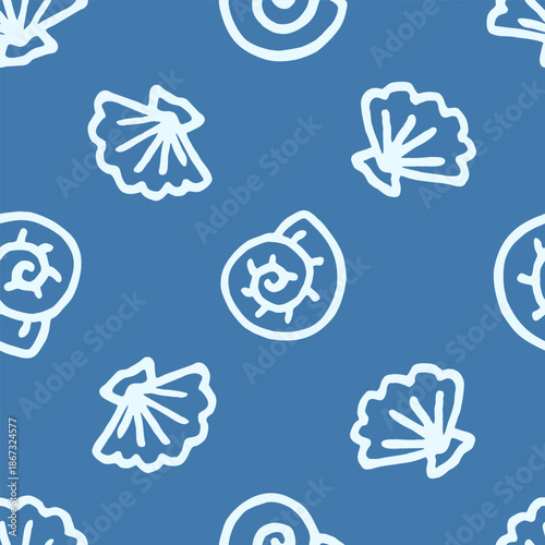Freehand drawn cartoon sea ocean river shells of different shapes in kid childish style on dark blue background. Marine oceanic water pattern. Vector seamless pattern.