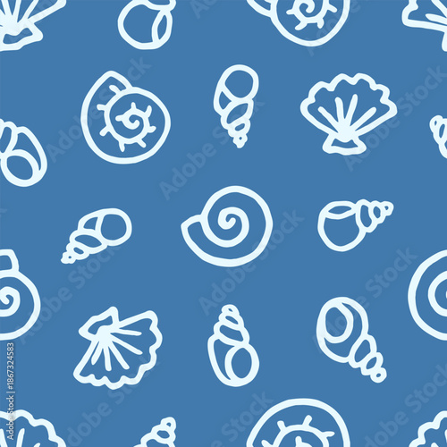 Freehand drawn cartoon sea ocean river shells of different shapes in kid childish style on dark blue background. Marine oceanic water pattern. Vector seamless pattern.