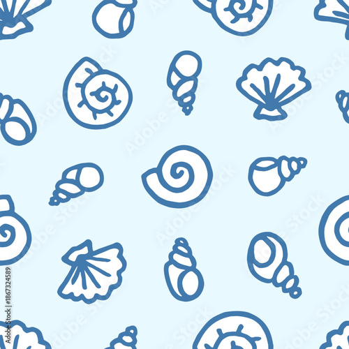 Freehand drawn cartoon sea ocean river shells of different shapes in kid childish style on light blue background. Marine oceanic water pattern. Vector seamless pattern.
