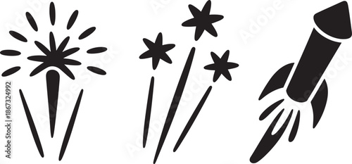 Festive firecrackers and rocket silhouettes for independence day and carnival celebration vector illustration