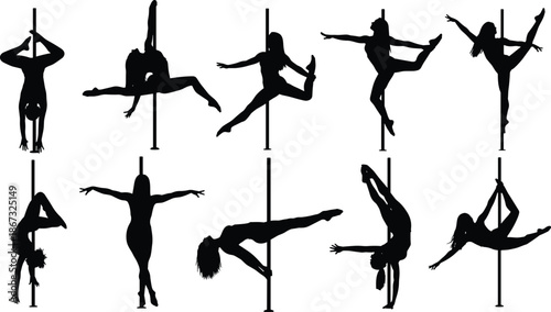Set of pole dance silhouettes featuring athletic women performing artistic gymnastics and fitness poses on a pole for sports dance and elegance vector illustration