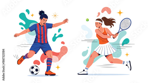 Male Footballer Dribbling Ball and Female Tennis Player Hitting Stroke. Professional Athletes Set in Action. Flat Vector Illustration of Soccer and Tennis Sports.