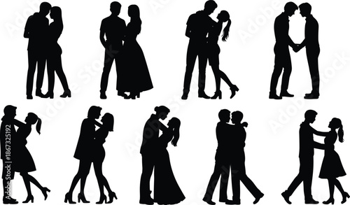 Romantic couple silhouettes, men and women hugging, kissing, dancing, love relationship, passion, intimacy, romance concept illustration, isolated, white, background, vector