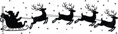 Santa Claus silhouette flying with reindeer sleigh, Christmas night sky stars, holiday celebration illustration isolated on white background, vector, design