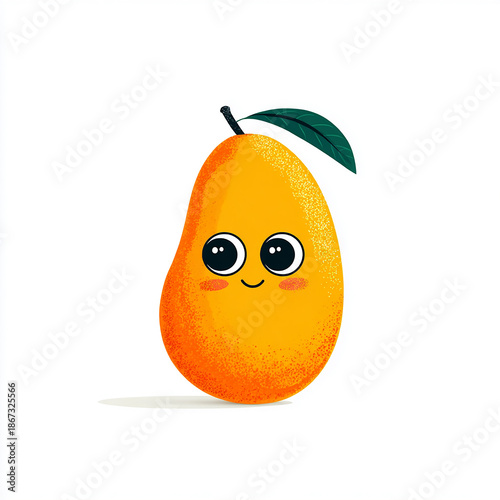 Cute Happy Yellow Ripe Mango Cartoon Character with Big Eyes on White Background made with generative AI
