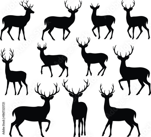 Set of deer silhouettes isolated on white background wildlife forest animals collection for hunting nature design vector illustration graphic elements
