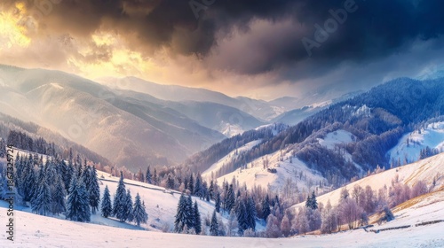 Winter landscape with snow covered mountains at magical sunset, frosty day with dramatic sky, peaceful holiday atmosphere and sparkling snow creating festive New Year scenery in nature