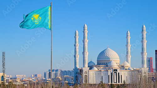 Obraz na plátně The flag of Kazakhstan is flying in the wind against the backdrop of the Hazret