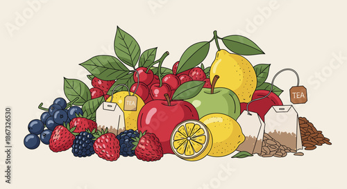 A bountiful arrangement of colorful fruits like apples, lemons, and berries alongside tea bags and loose tea leaves, illustrated in a detailed, vibrant cartoon style.