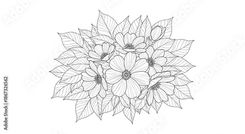 Hand-drawn circular bouquet of various flowers and leaves, arranged in a dense composition and rendered in a detailed black and white sketch style for coloring.