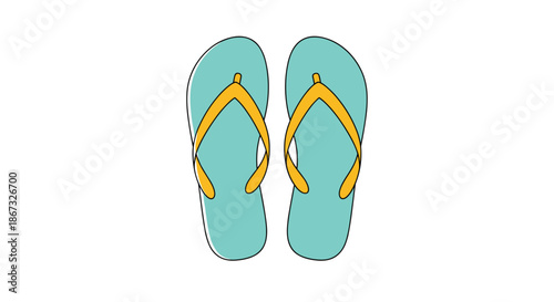 A simple and colorful cartoon illustration of a pair of turquoise and yellow flip-flops, representing summer, beach vacations, and casual footwear.