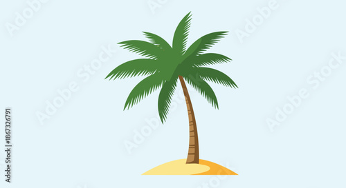 A simple and classic cartoon illustration of a tropical palm tree with a brown trunk and green leaves, situated on a small sand island against a light blue sky.