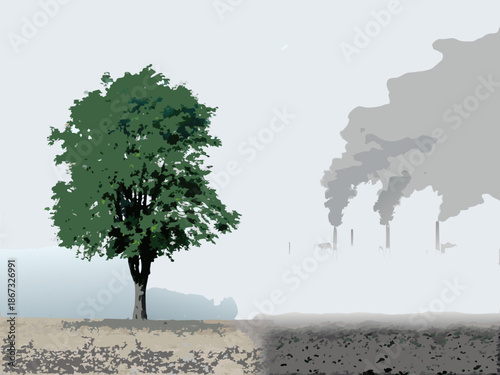 A lone tree stands against a backdrop of industrial smoke stacks