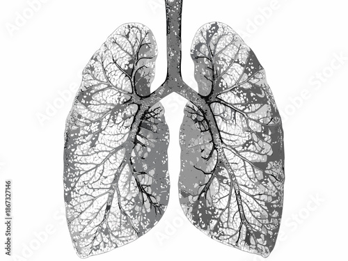 Anatomical illustration of human lungs showcasing bronchial tree and alveoli structure