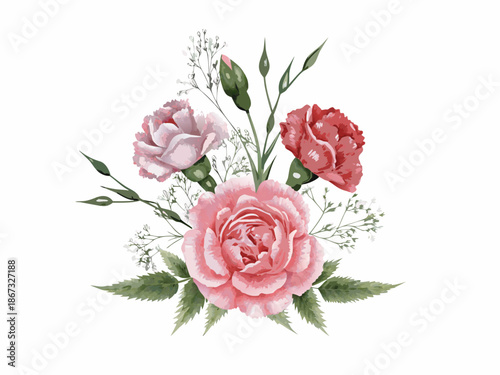 Watercolor floral arrangement featuring pink and red carnations with delicate greenery