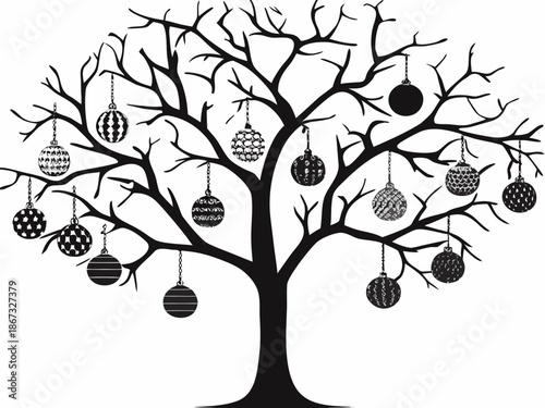 A silhouetted tree adorned with decorative spherical ornaments a festive illustration