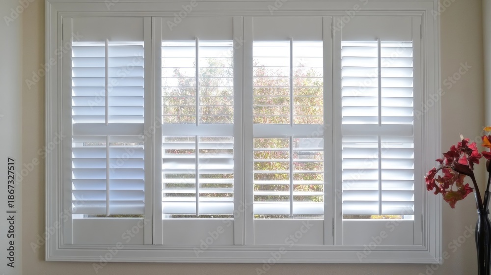 Fototapeta premium Bright sunlight streams through elegant white shutters into a cozy room adorned with vibrant flowers