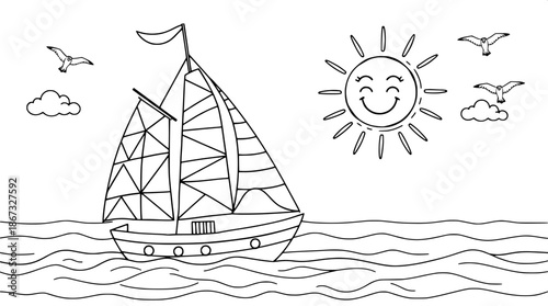 Easy coloring page for kids featuring a sailboat with vibrant patterned sails in the shape of triangles and stripes, set against a calm ocean with gentle waves, accompanied by a happy sun illustration