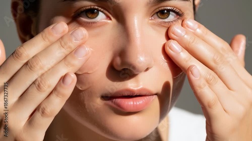A young woman applying a moisturizing gel serum to her face. Close-up of a daily beauty routine. Skincare and hydration concept