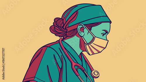 Close up profile of a determined female healthcare worker wearing scrubs and a protective face mask with a stethoscope around her neck symbolizing dedication
