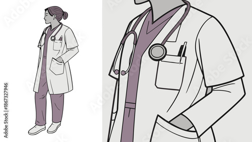 Full body illustration of a female doctor wearing a white lab coat and stethoscope standing with hands in pockets looking to the side with medical