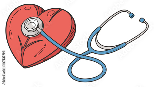 Close up of a stylized red heart with a stethoscope draped over it symbolizing cardiac health and medical examination on a white background with heart health