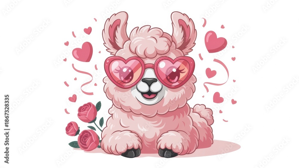Fototapeta premium Sweet pink llama with heart-shaped sunglasses, surrounded by roses and floating hearts